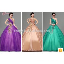 La dernière mariée Design Brillant Purple Appliqued Strapless Floor Length Tulle Puffy Robe de bal robe de mariée